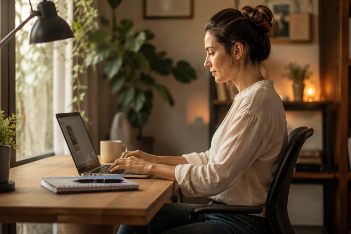Mujer trabajando en una laptop con una postura correcta