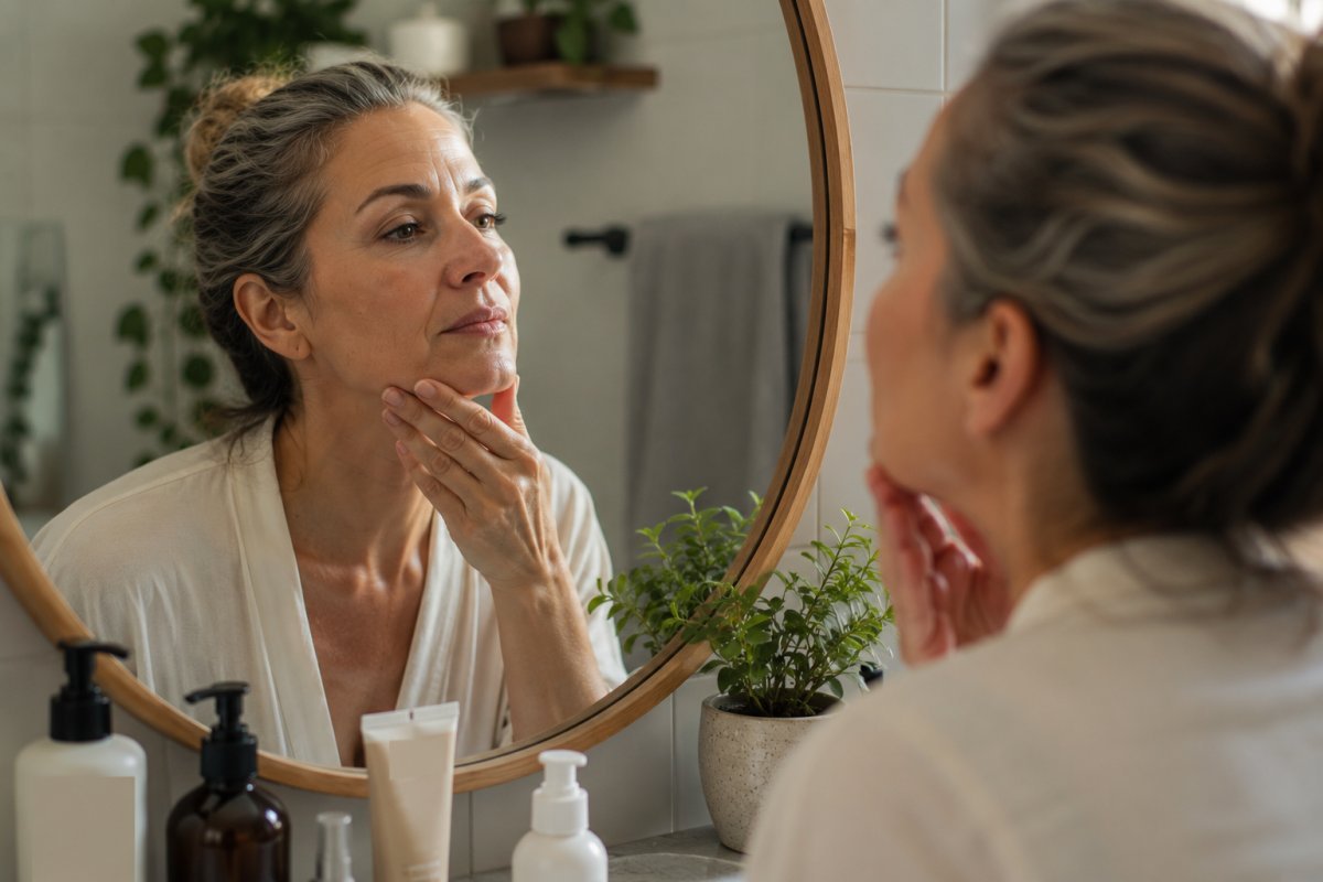 Mujer madura evaluando su rutina de limpieza facial frente al espejo