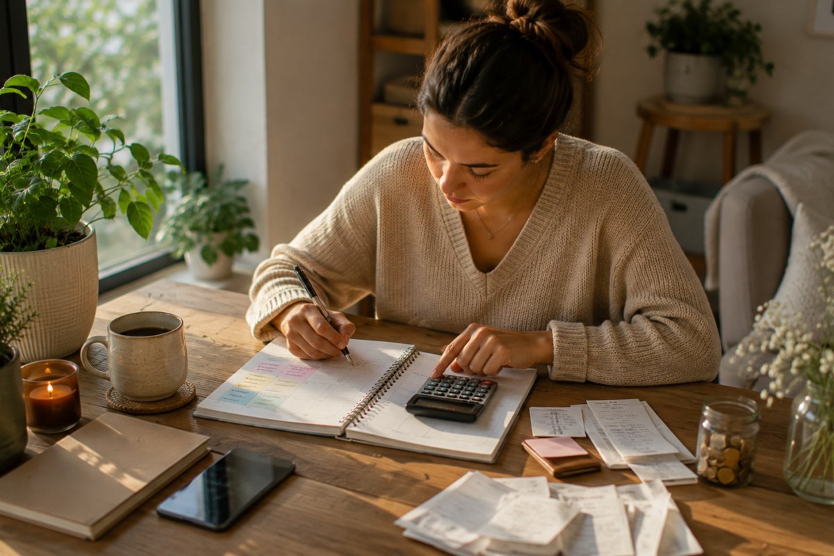 Persona organizando finanzas en planificación semanal