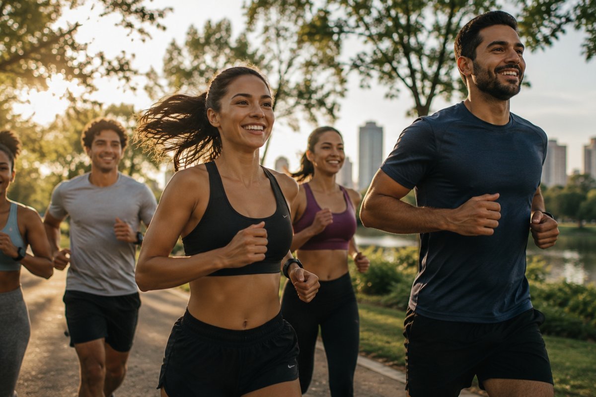 Un grupo diverso de personas corriendo al aire libre con energía