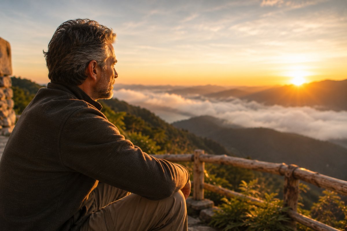 Un hombre maduro contemplando un amanecer inspirador