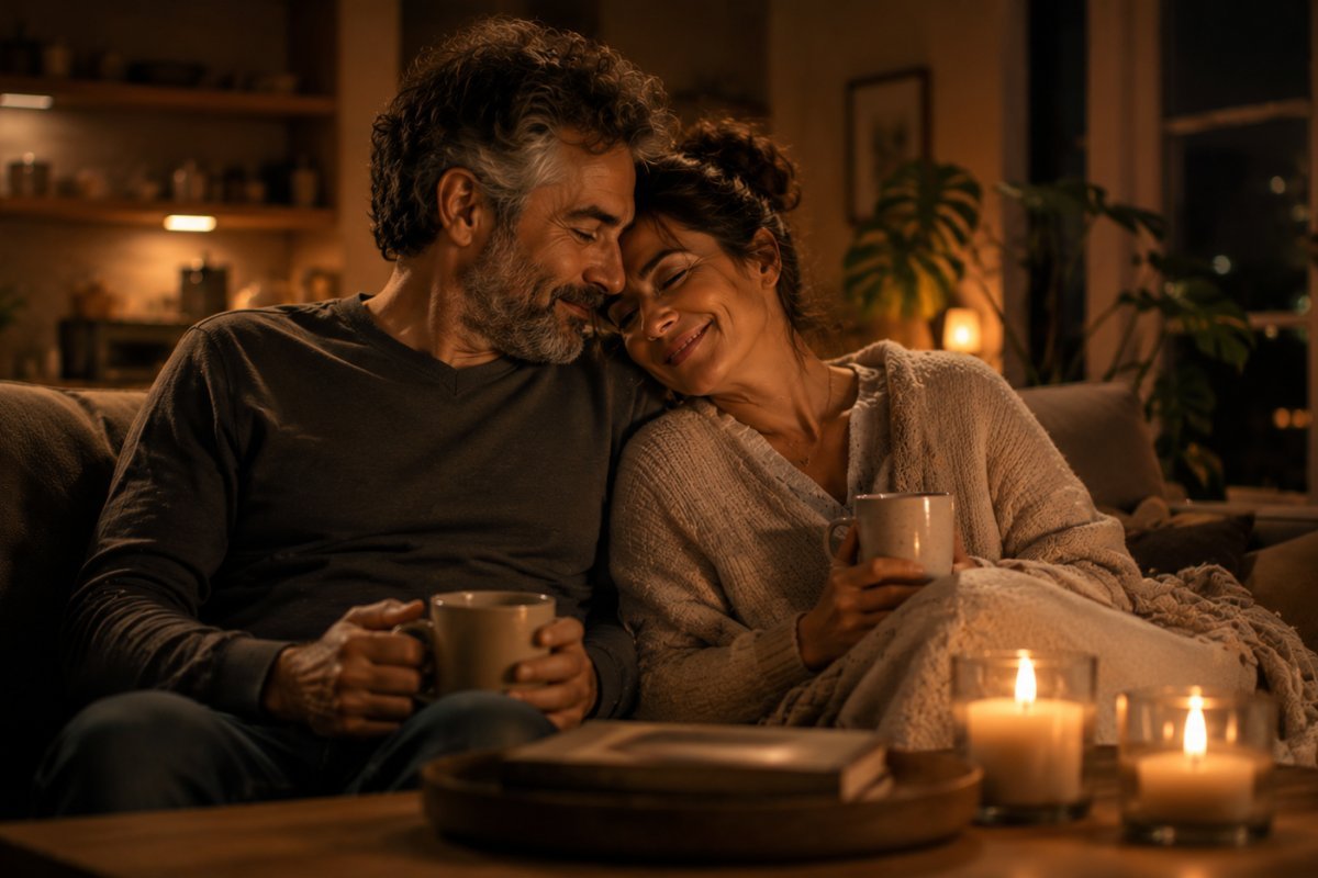 Pareja madura compartiendo un momento de tranquilidad nocturna