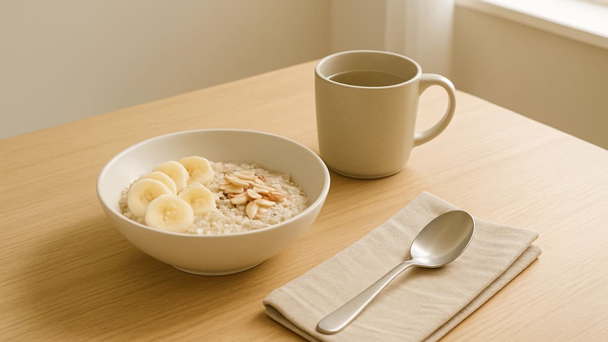 desayuno ligero y momento de calma junto a luz natural representando una rutina de mañana simple y consciente