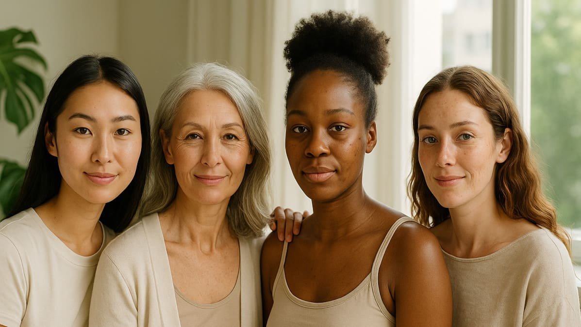 Grupo diverso de mujeres con piel real y rutinas simples en un ambiente luminoso y natural