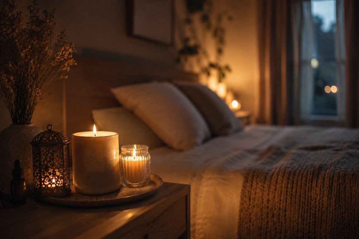 Velas encendidas en una habitación tranquila, creando un ambiente relajante