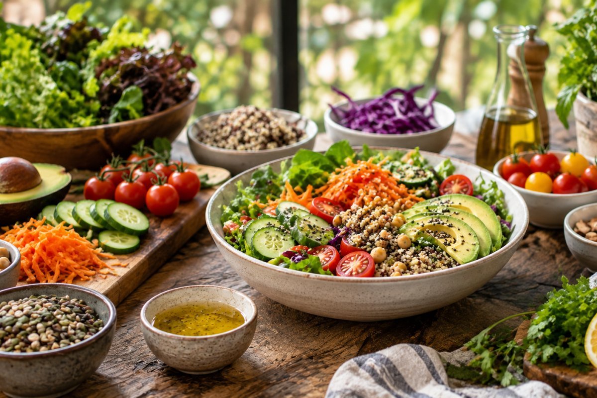 Ingredientes frescos y coloridos listos para una ensalada completa