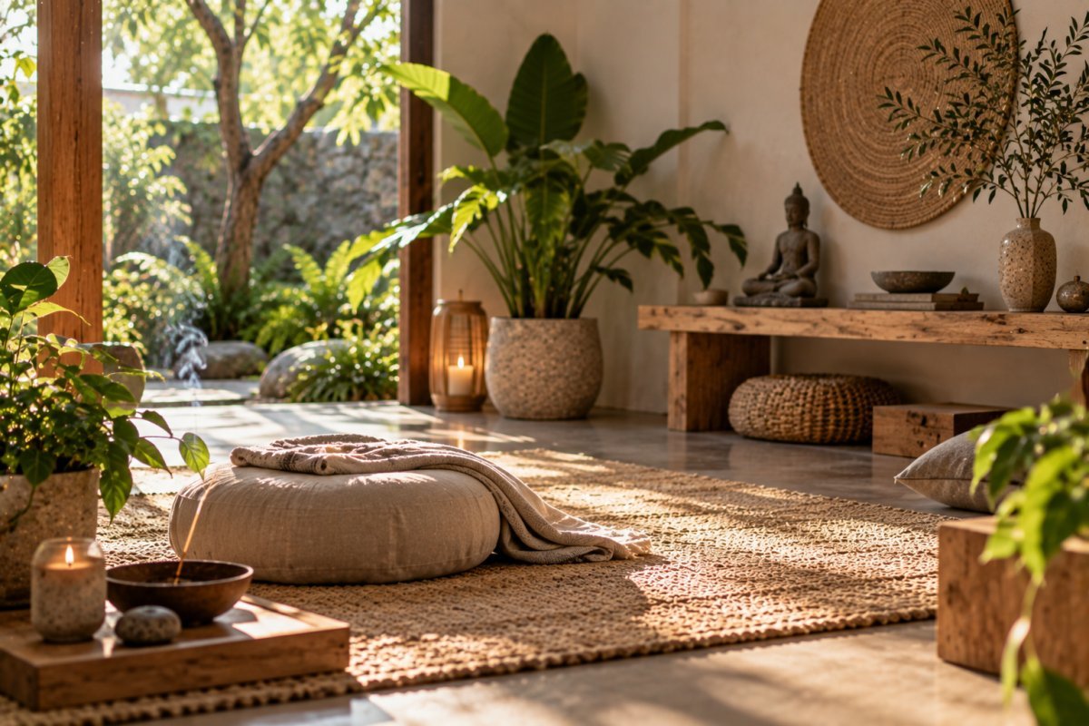 Espacio de meditación con materiales naturales