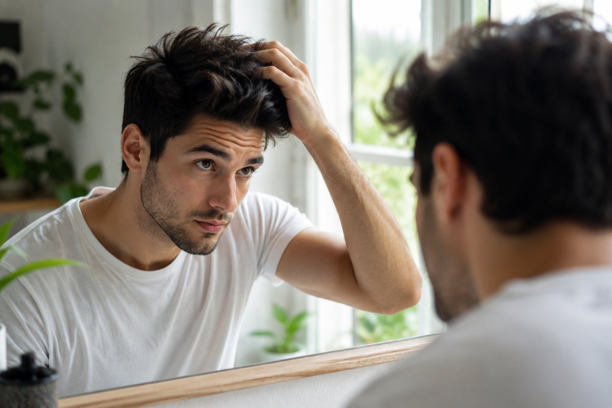 Un hombre joven examinando su cabello en el espejo con luz natural