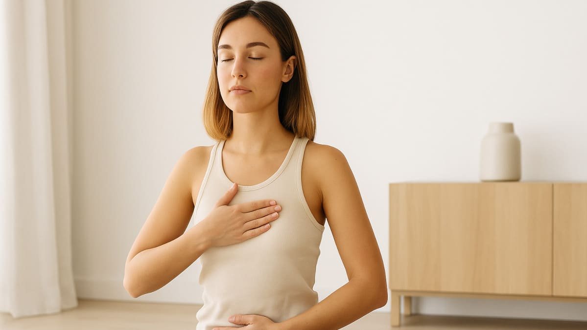 mujer practicando respiración consciente en un espacio minimalista con luz natural