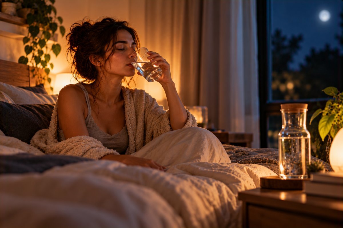 Persona bebiendo agua antes de dormir para mejorar su sueño