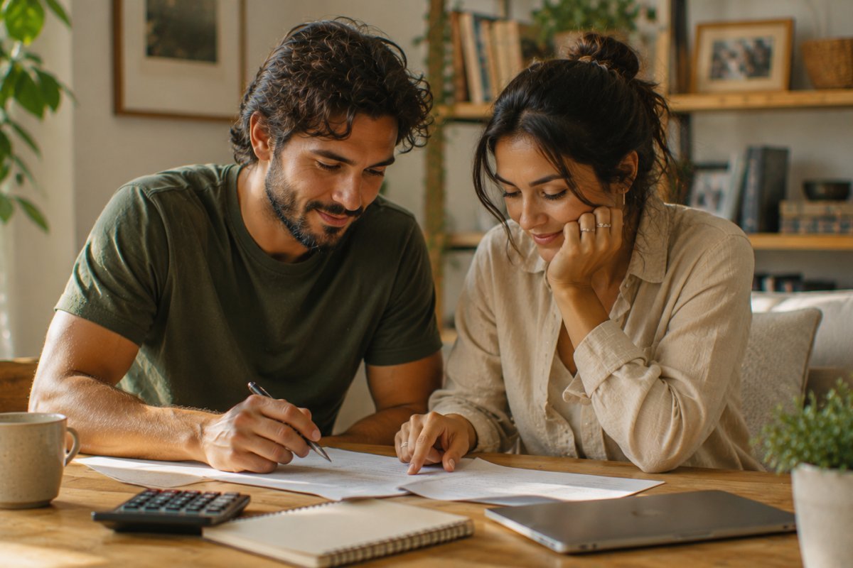Una pareja joven revisando sus finanzas con tranquilidad