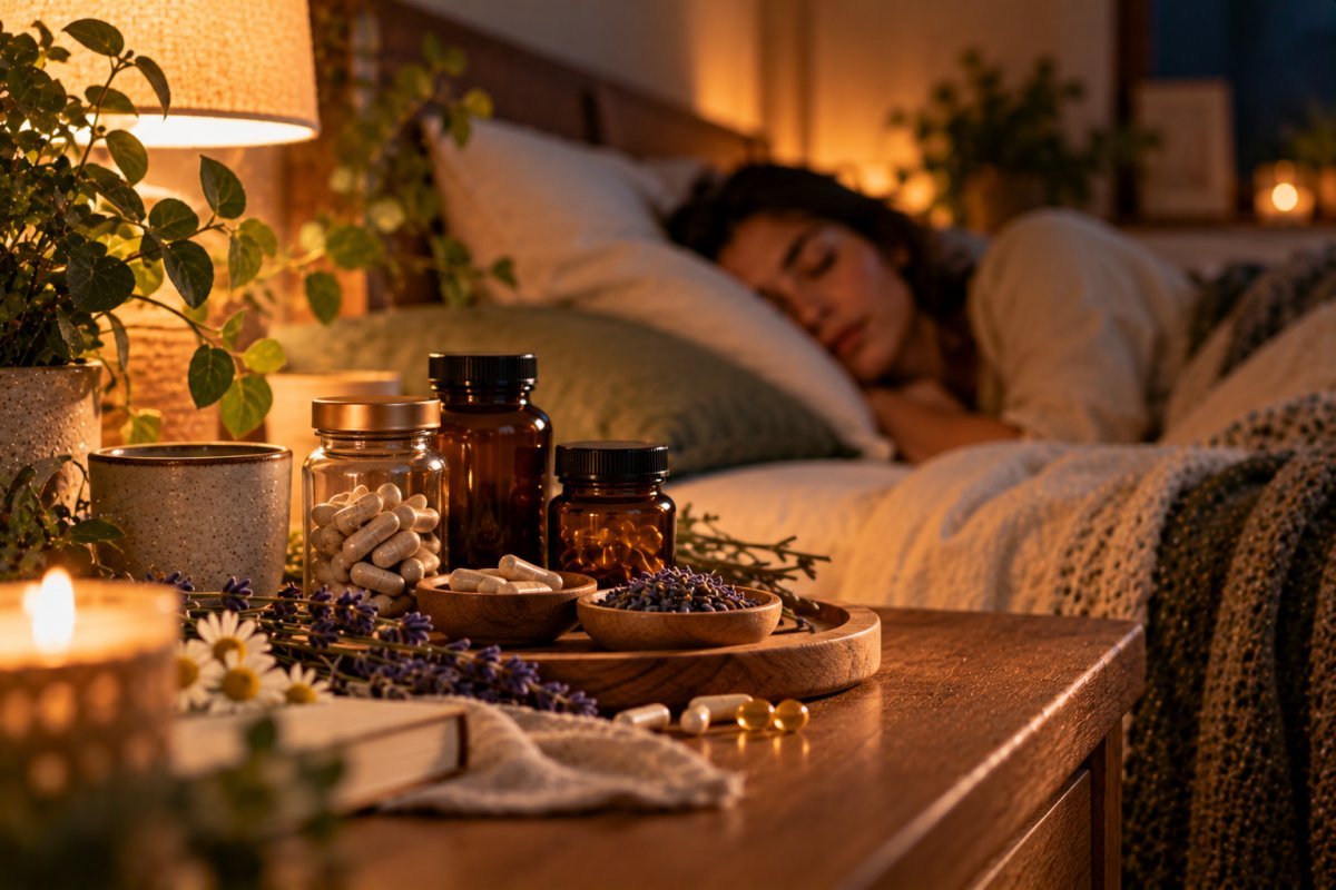 Frascos de suplementos naturales para mejorar el descanso nocturno