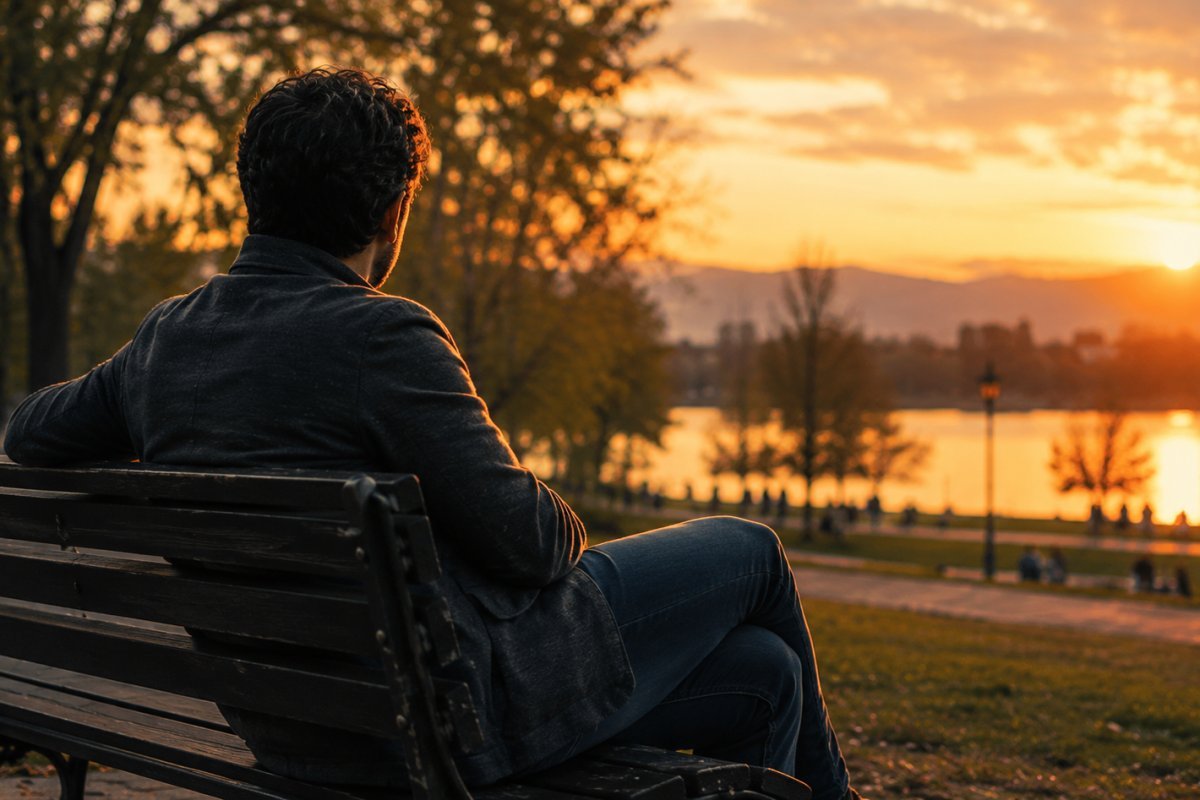 Hombre reflexionando en un parque, al atardecer