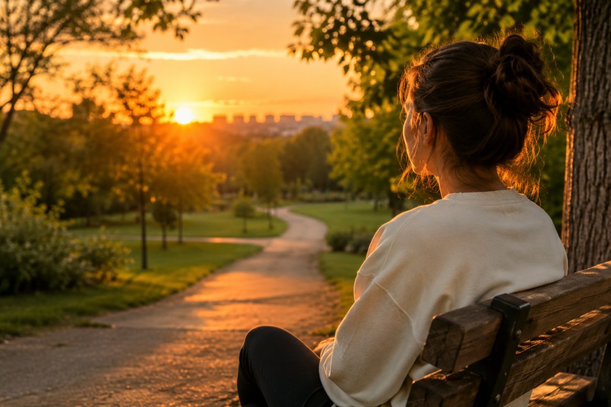 Persona reflexionando en un parque tranquilo durante el atardecer