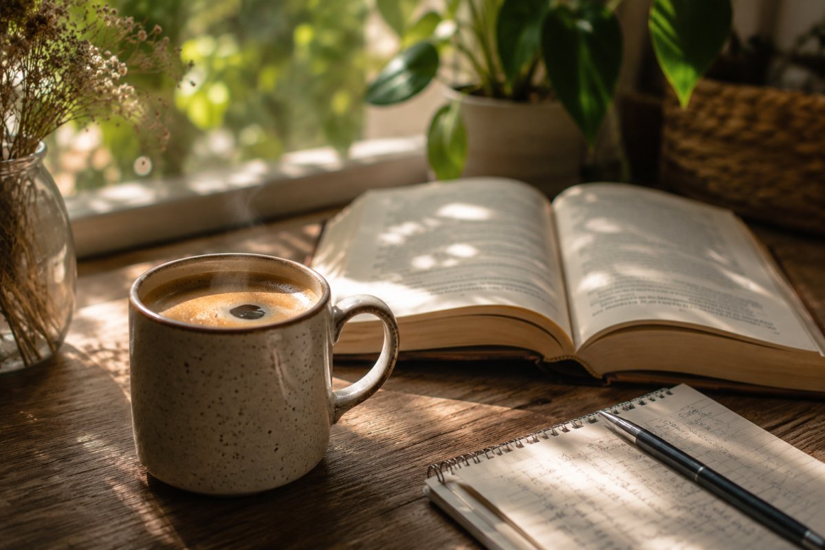 Una taza de café en una mesa junto a un libro abierto