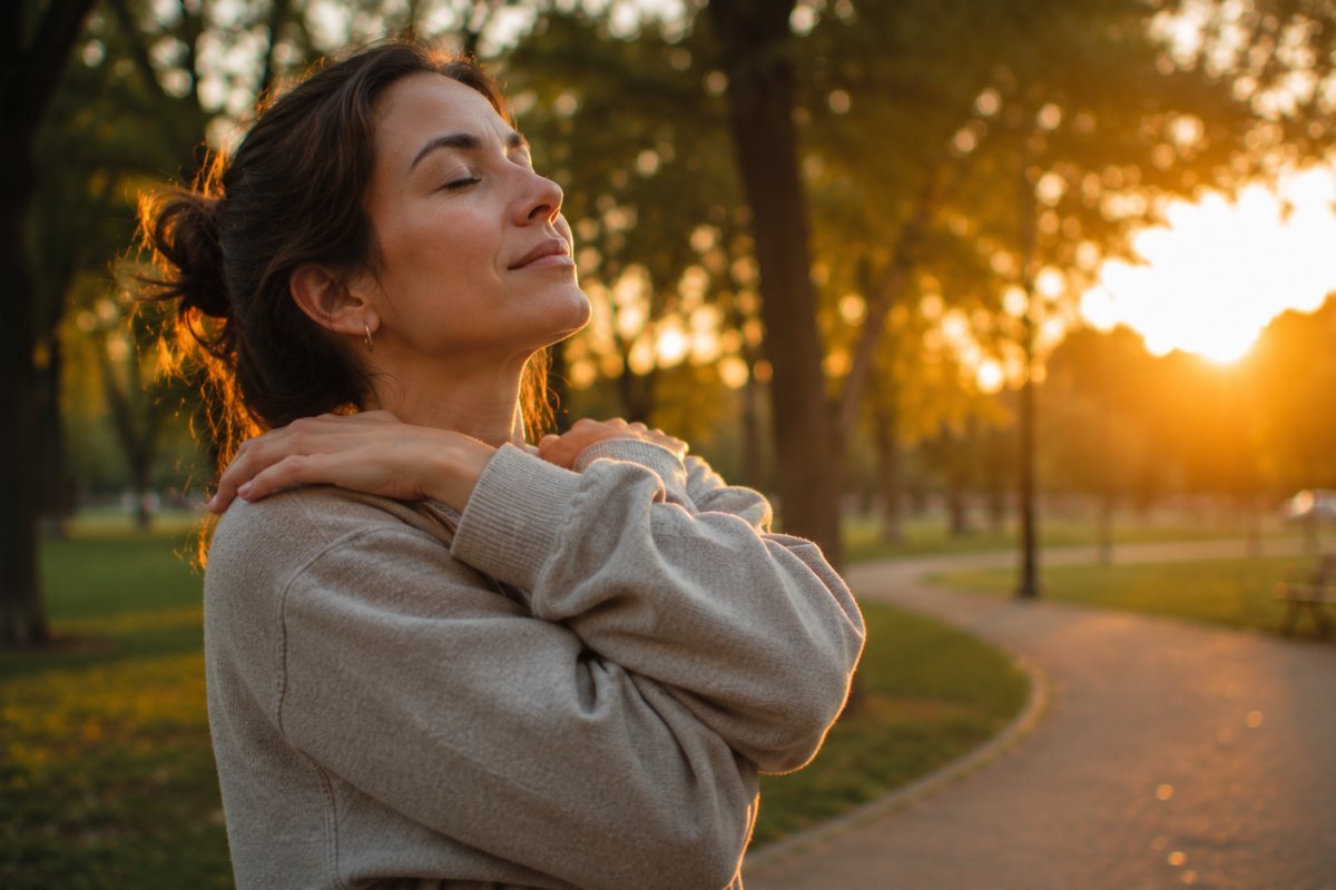 mujer relajando sus hombros en un parque al atardecer