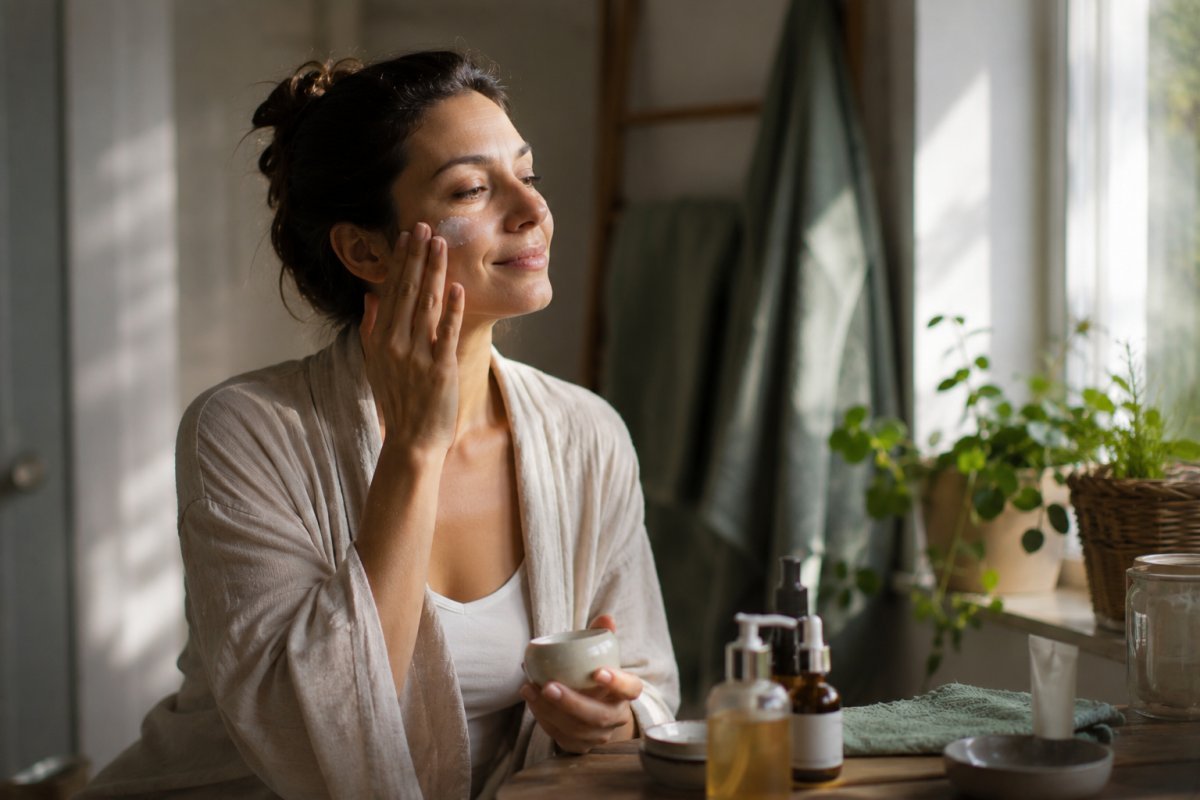 Una mujer aplicando productos de cuidado de piel con calma