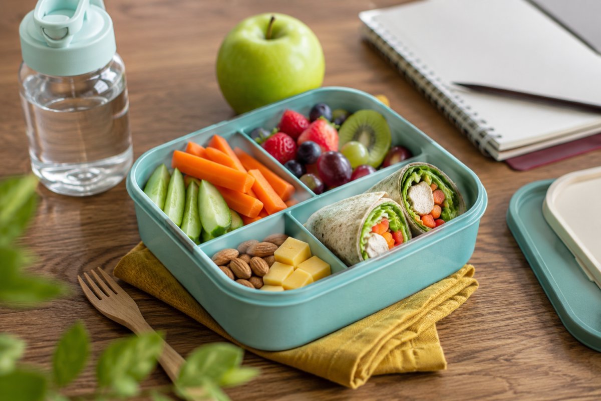 Una lonchera colorida y saludable con variedad de alimentos frescos