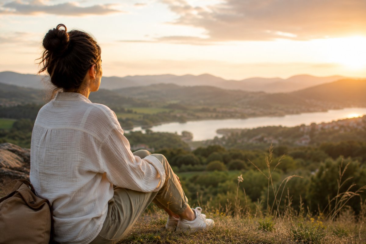 Mujer contemplando un paisaje tranquilo desde una colina