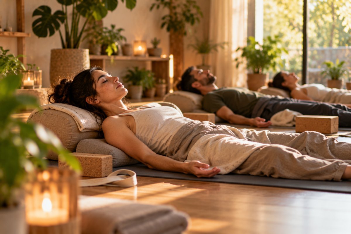 Personas practicando yoga restaurativo en un estudio tranquilo