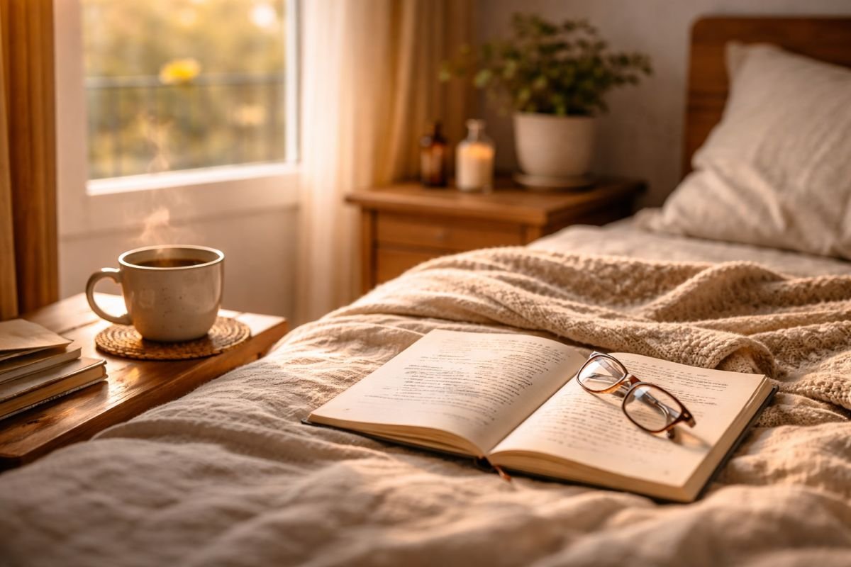 Mesa con taza de té, cuaderno con anotaciones y luz suave de ventana en dormitorio tranquilo