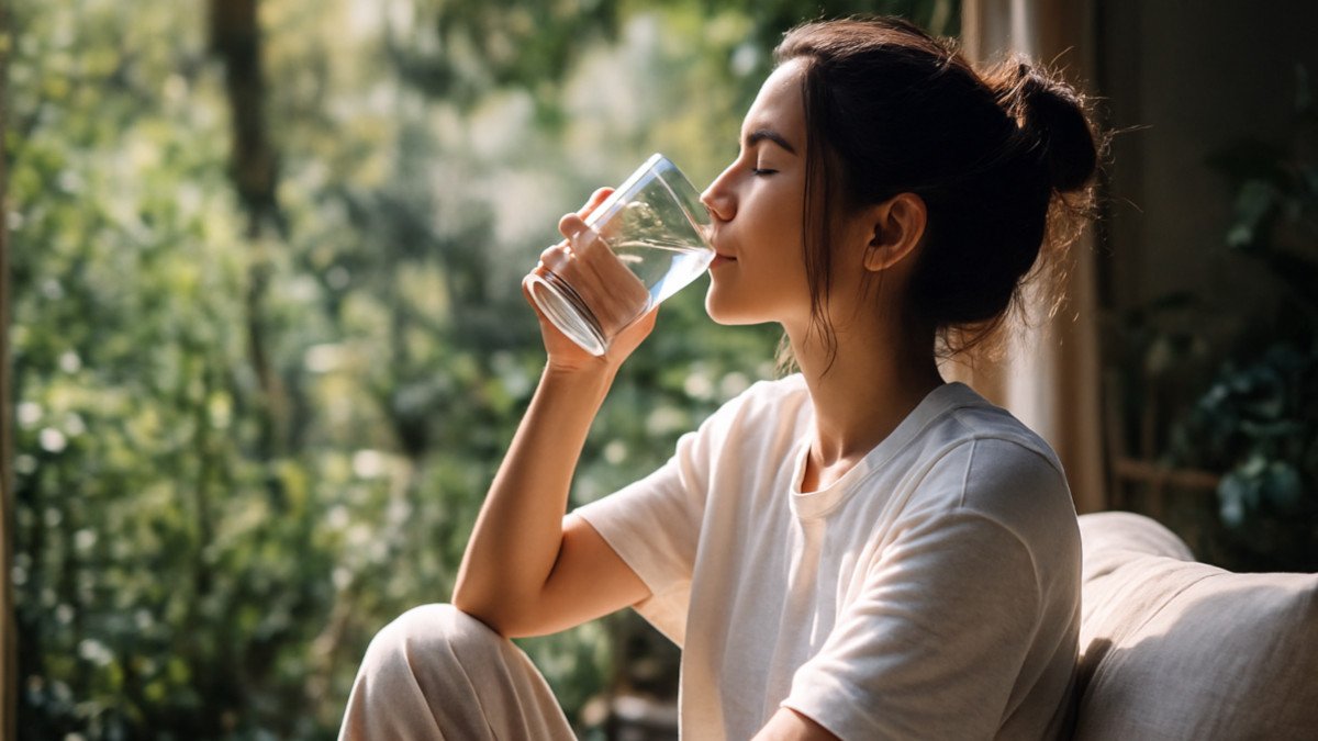 persona bebiendo agua en un entorno natural con luz suave