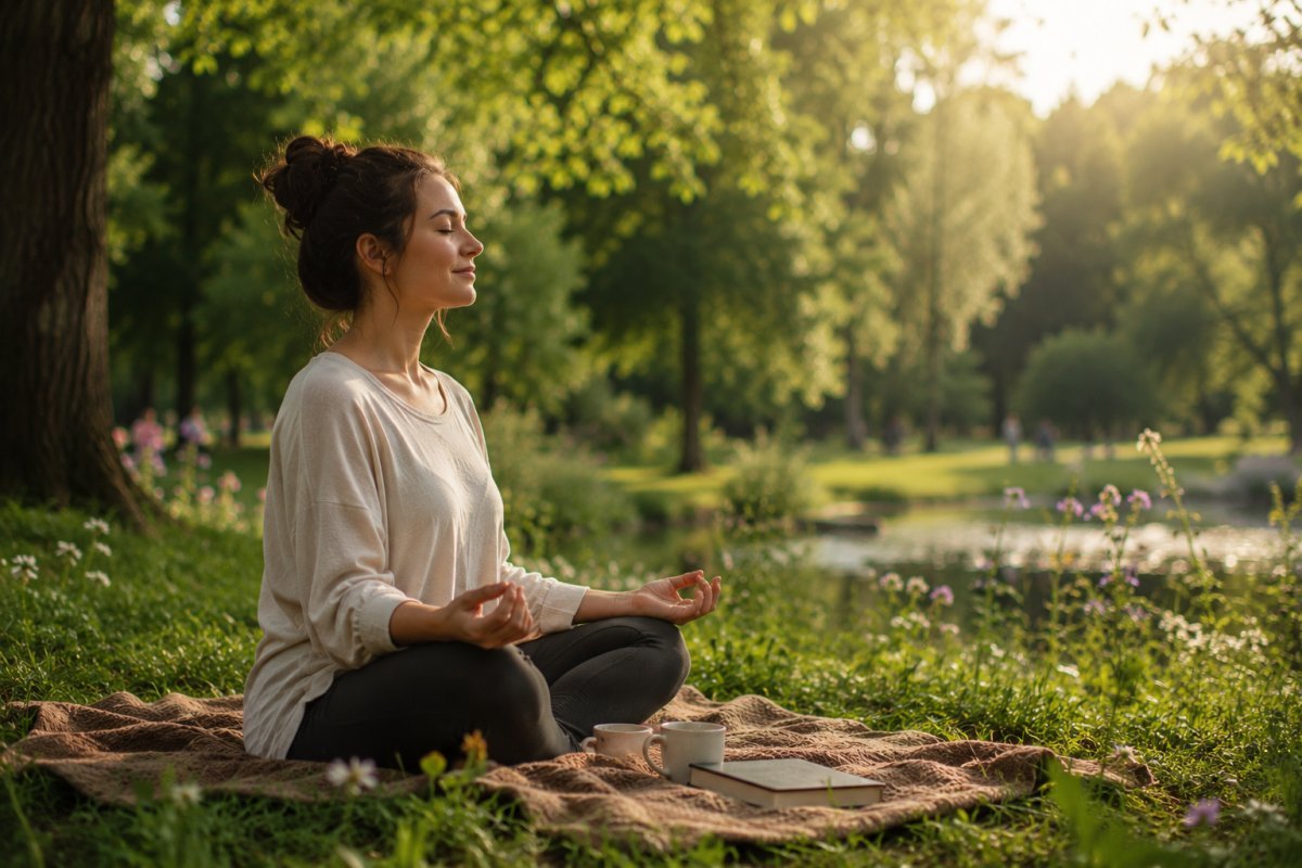 Mujer meditando en un parque rodeada de naturaleza