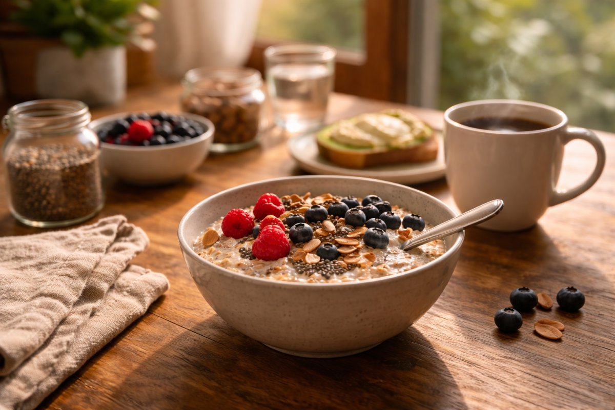 Mesa de cocina con bowl de avena con frutos rojos y semillas junto a café y luz natural entrando por la ventana