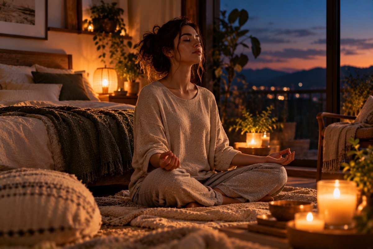Persona meditando al anochecer usando técnicas de meditación para combatir el insomnio.