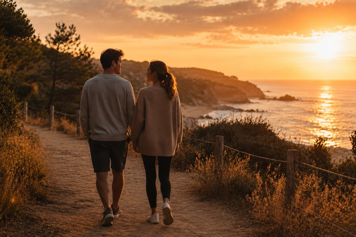 Una pareja disfrutando de una caminata tranquila al atardecer
