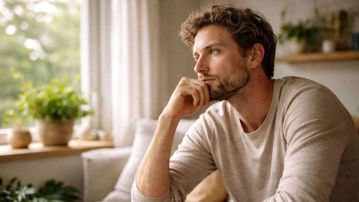 persona reflexionando en silencio en un espacio tranquilo con luz natural
