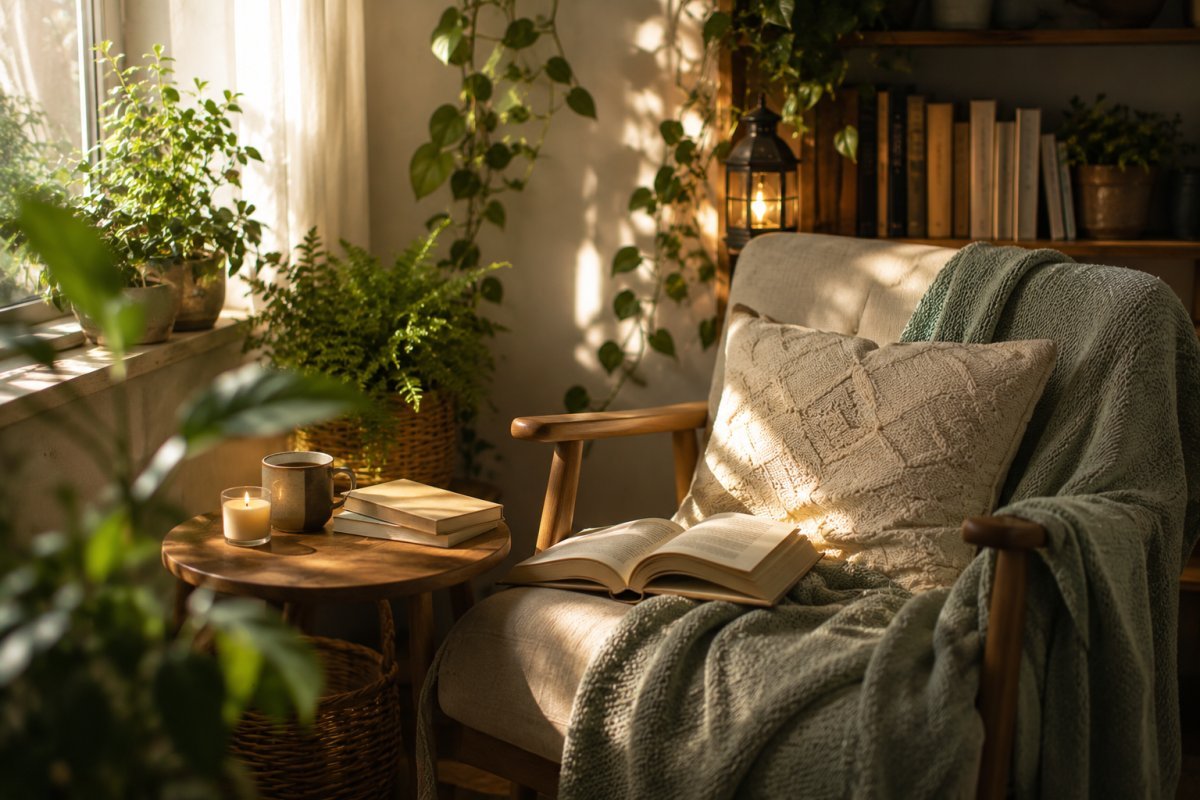 Un acogedor rincón de lectura con luz suave y plantas