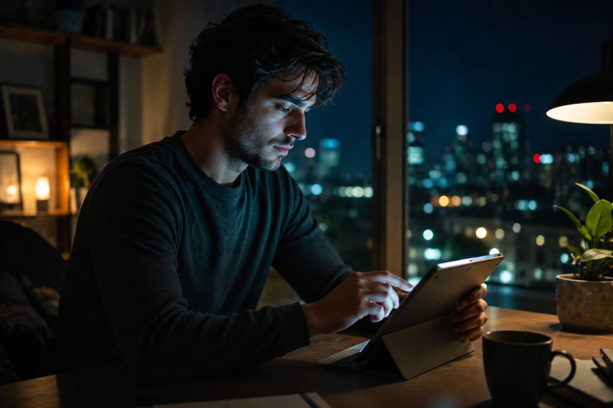 Un hombre joven utilizando un dispositivo digital en un entorno nocturno