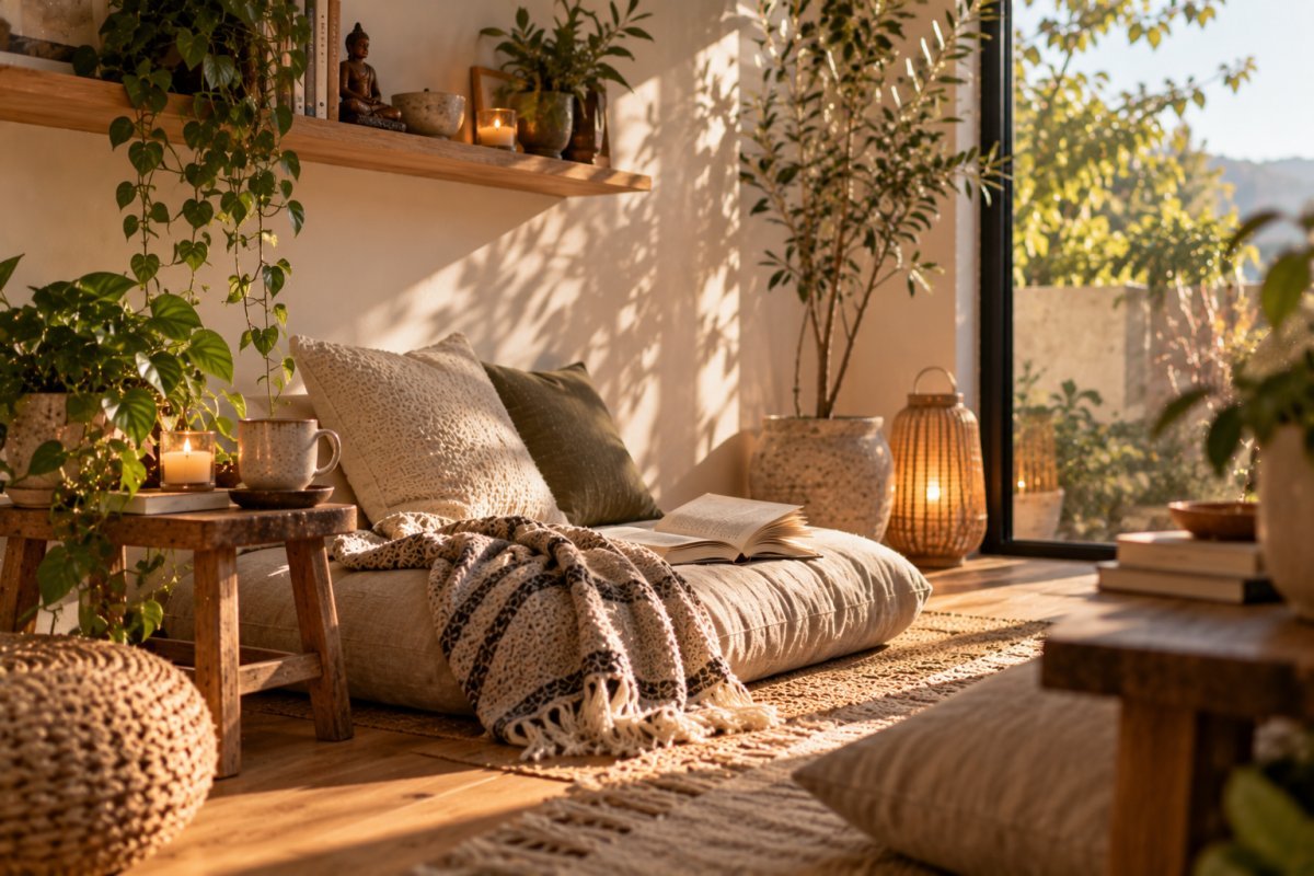 Espacio zen en casa con elementos naturales