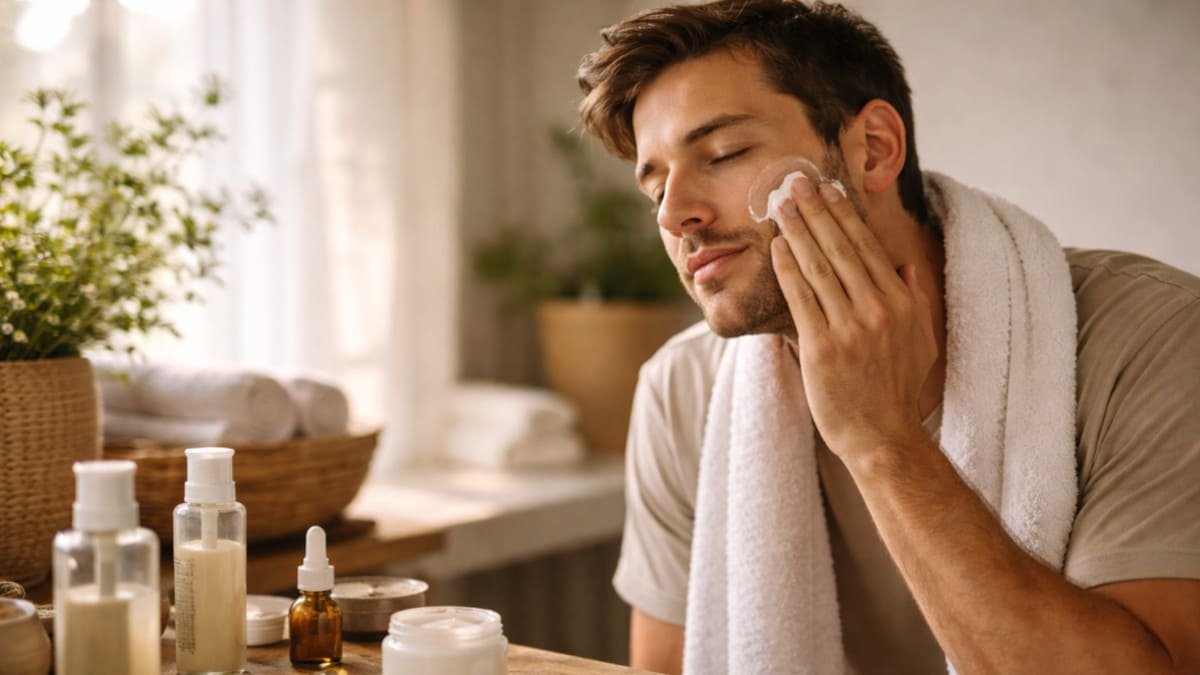 persona aplicando skincare con luz natural piel relajada y ambiente tranquilo