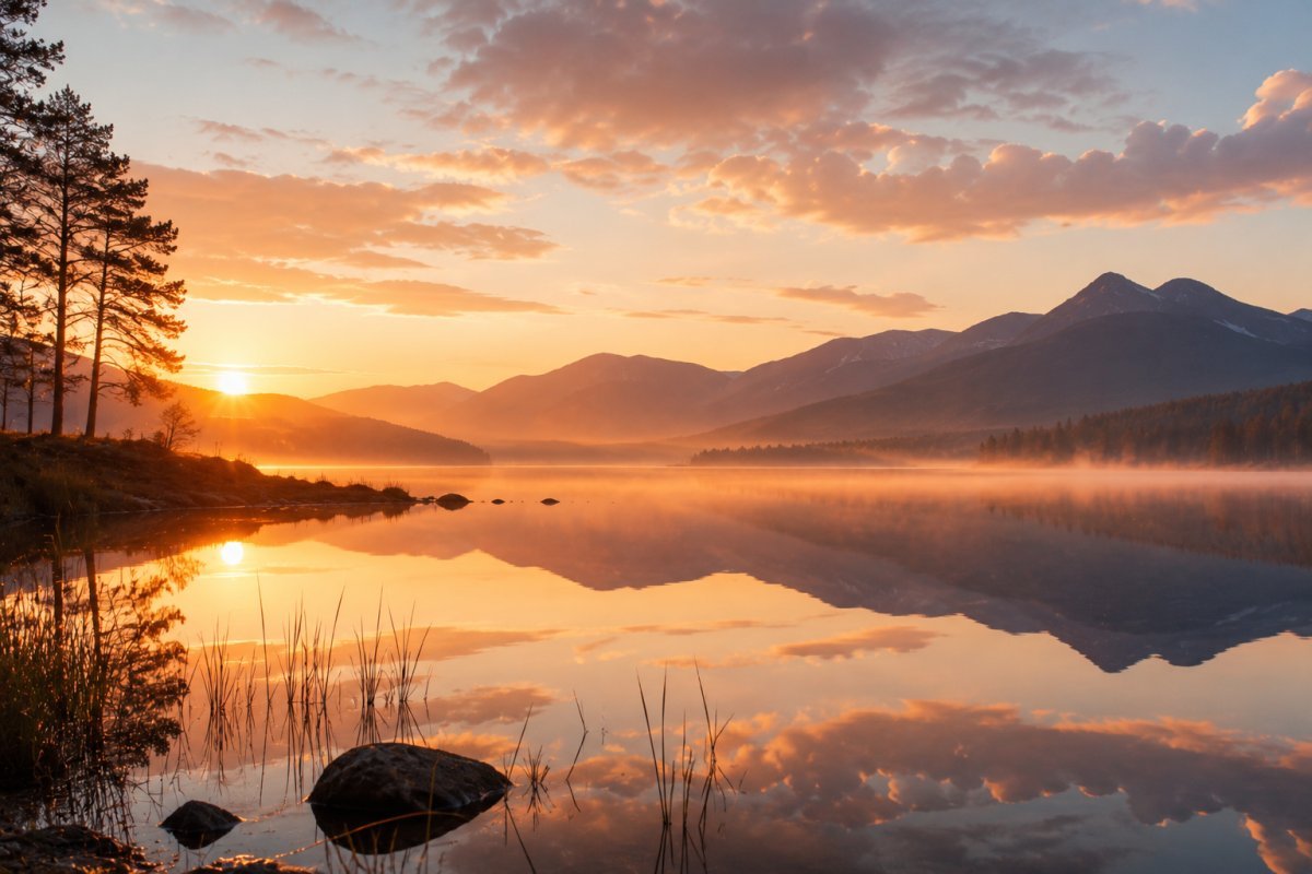 Paisaje sereno al amanecer con un lago reflejando el cielo