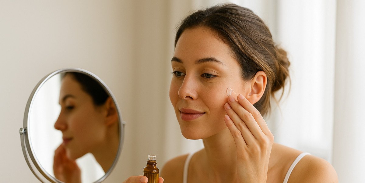 Mujer cuidando su piel frente al espejo aplicando suero facial, en ambiente luminoso y limpio estilo wellness