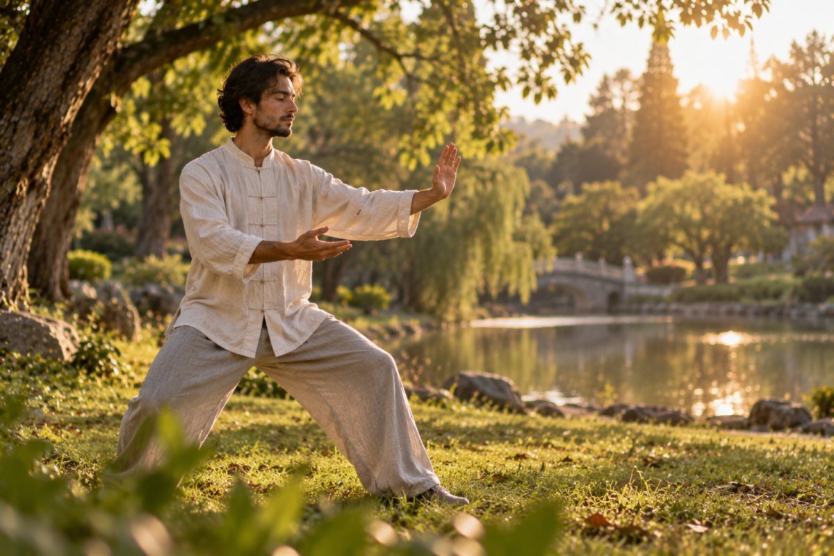 Persona practicando Tai Chi en un parque para reducir el estrés