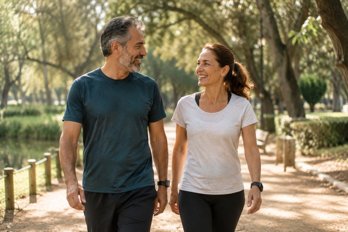 Una pareja madura disfrutando de una caminata al aire libre en un parque