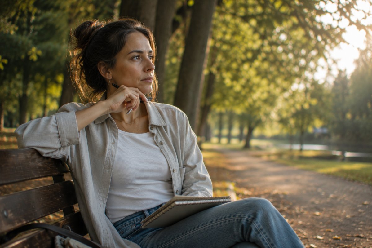 Una mujer de 30 años reflexionando en un parque con una libreta en la mano