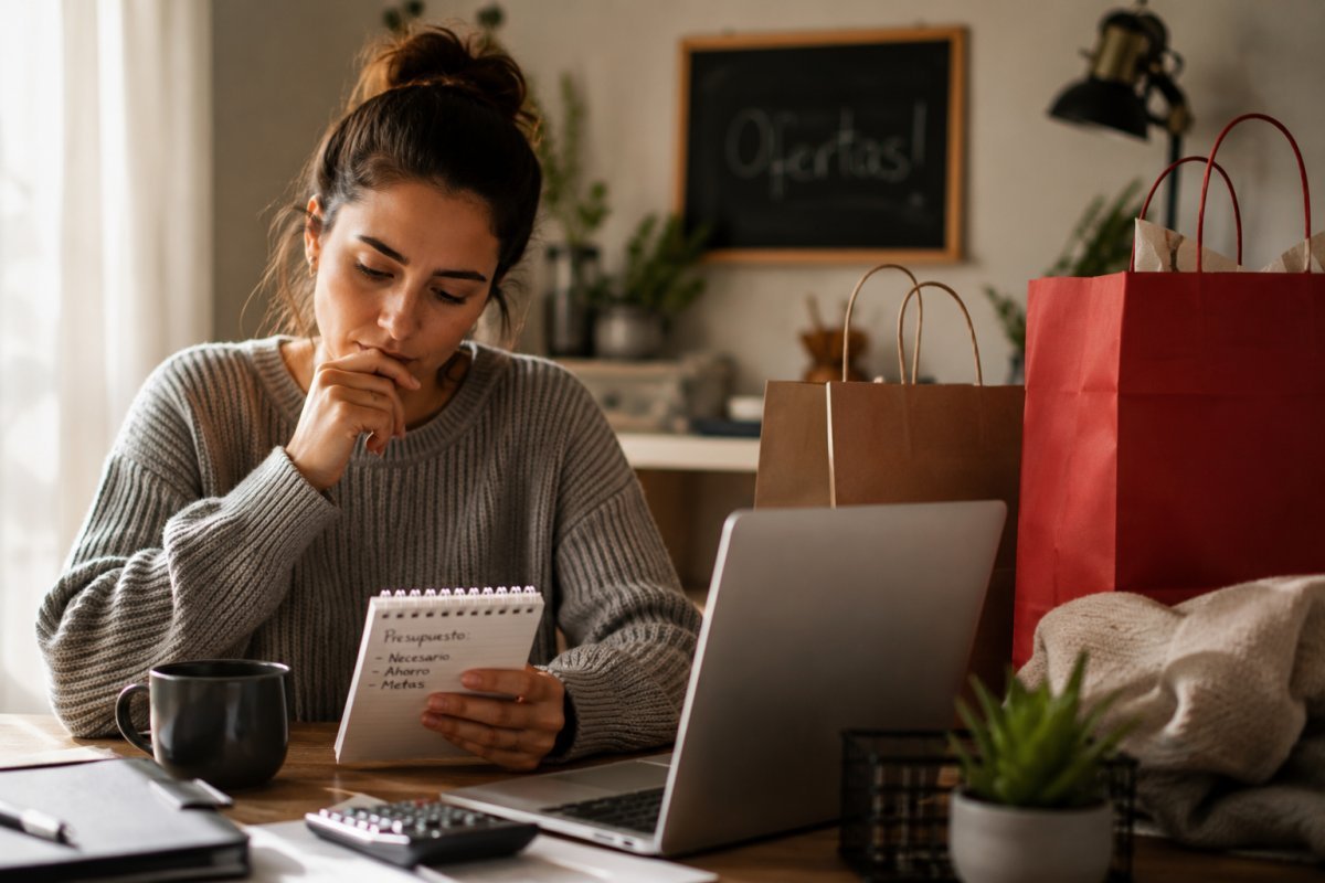 Mujer reflexionando sobre decisiones financieras en temporada de ofertas