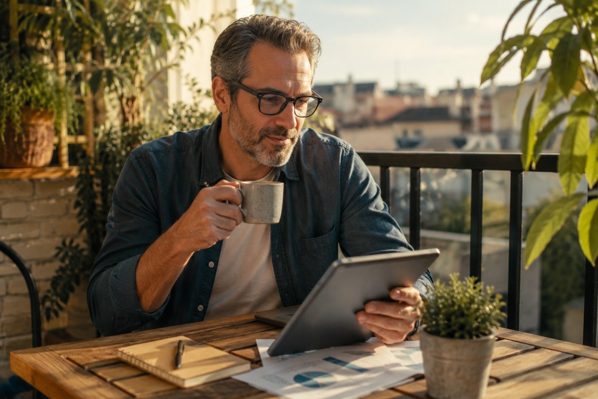 Hombre maduro disfrutando de un café en una terraza mientras revisa sus finanzas