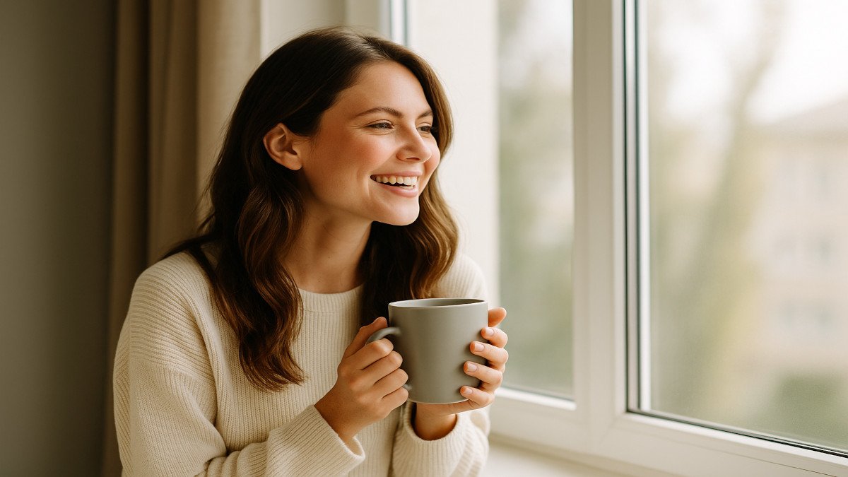 Mujer sonriente disfrutando su mañana con una bebida caliente frente a la ventana, ambiente luminoso y tranquilo