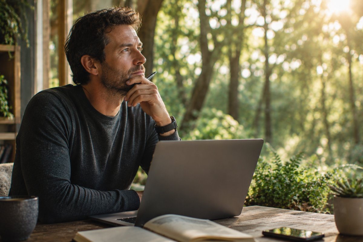Un hombre reflexionando mientras usa tecnología en un entorno sereno