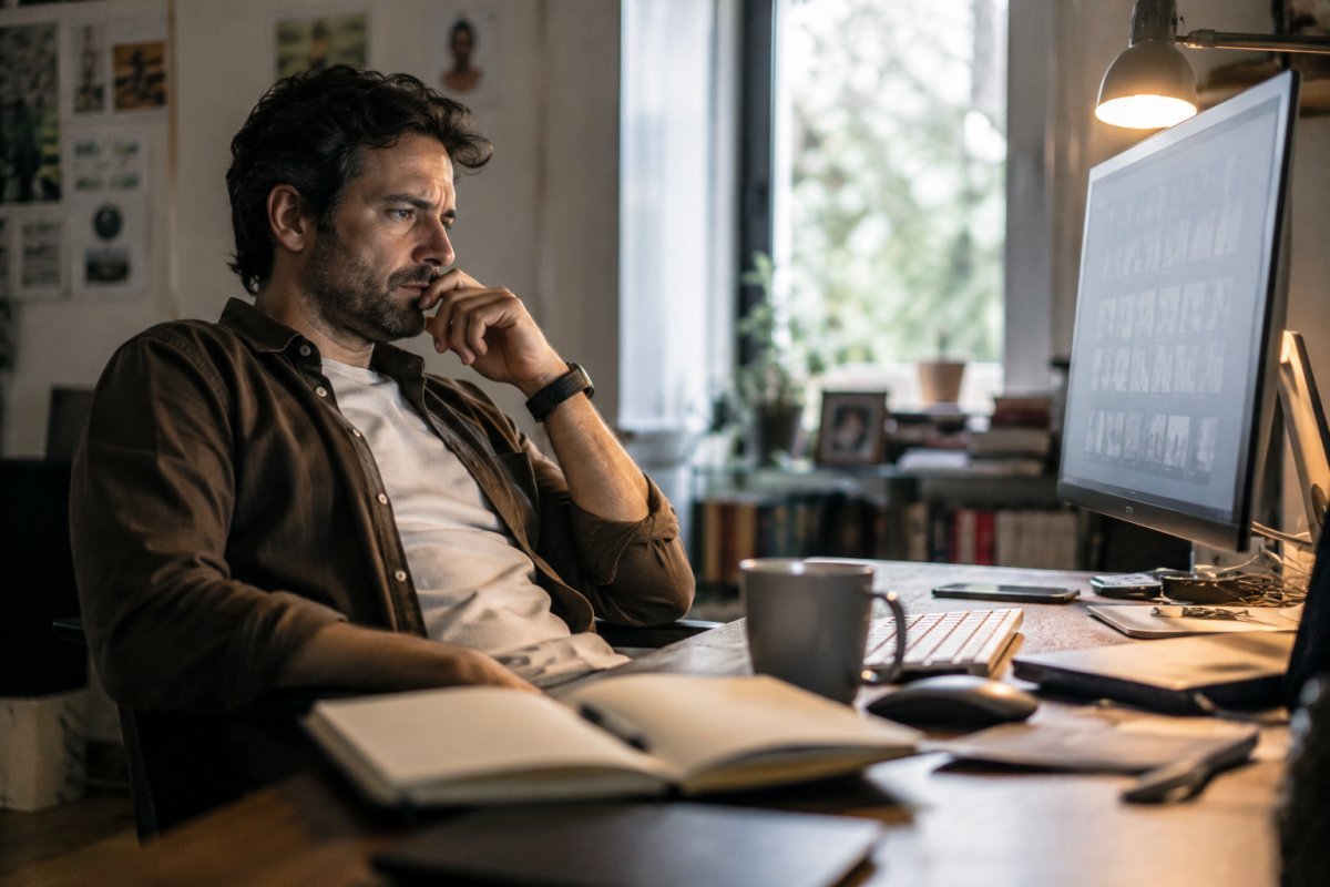 Un hombre pensativo observando la pantalla de su computadora