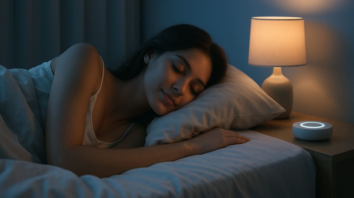 Mujer descansando en una habitación serena con luz tenue y un dispositivo de sueño en la mesa