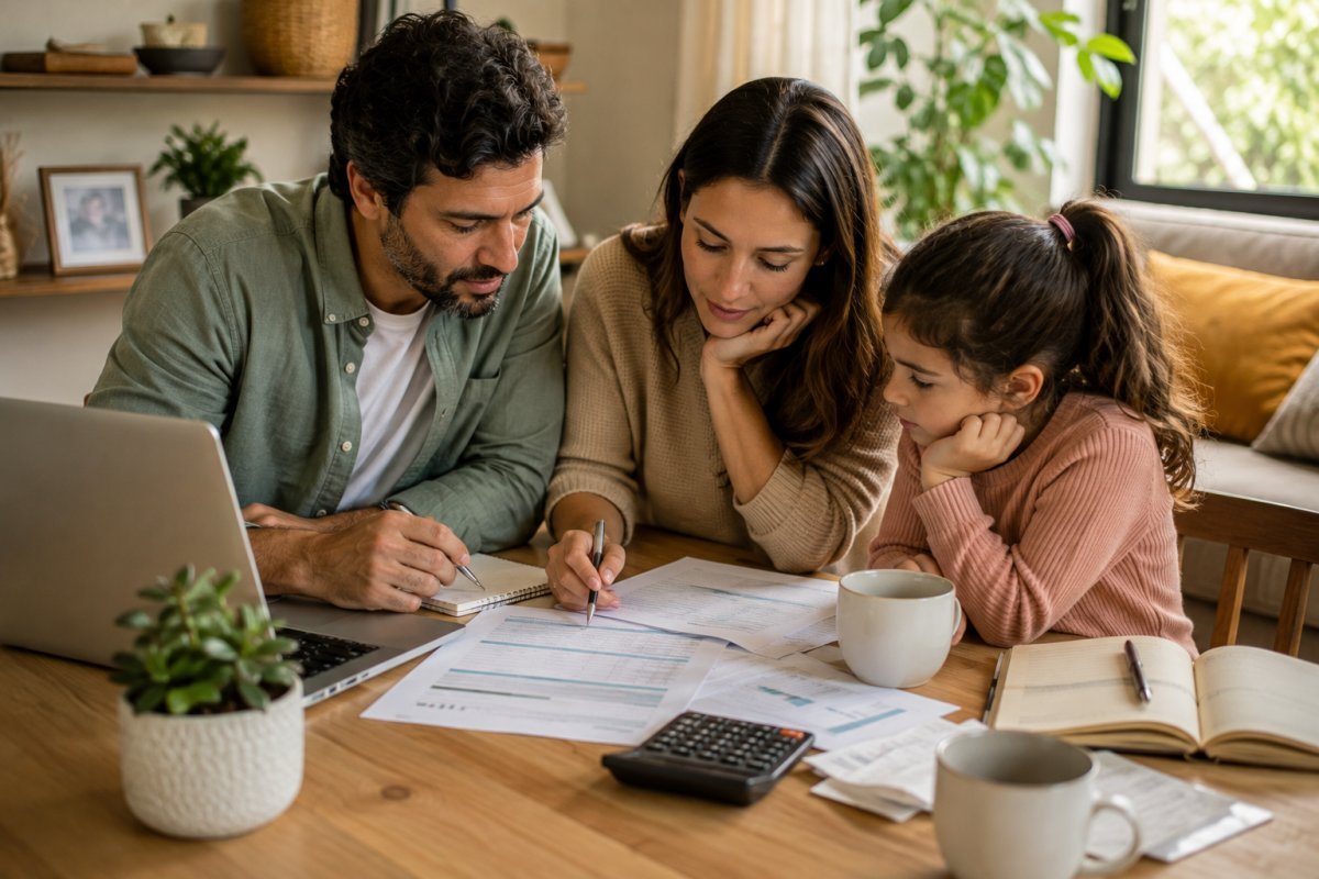 Una familia revisando su presupuesto mensual en casa