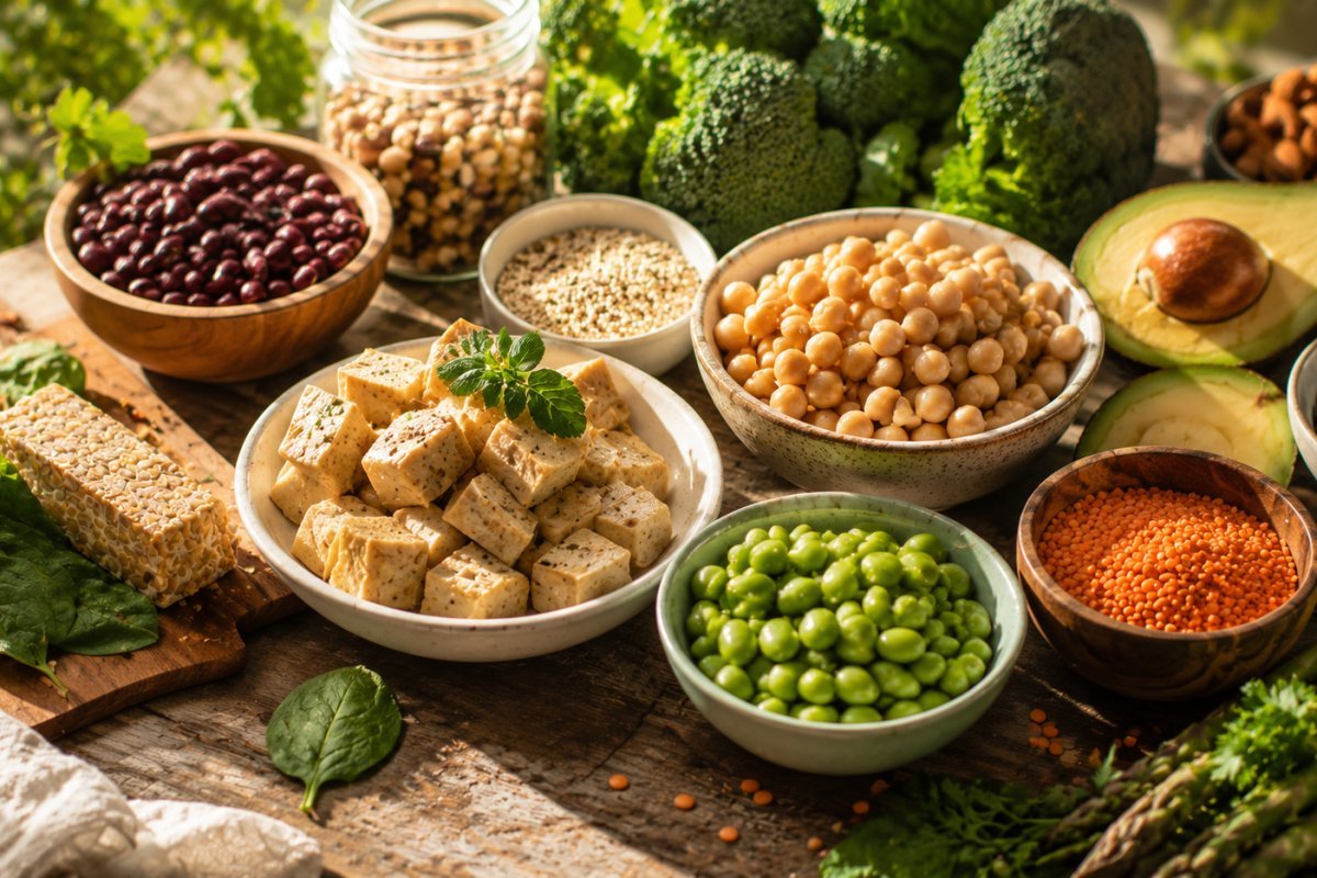 Variedad de fuentes de proteína vegetal en una mesa colorida