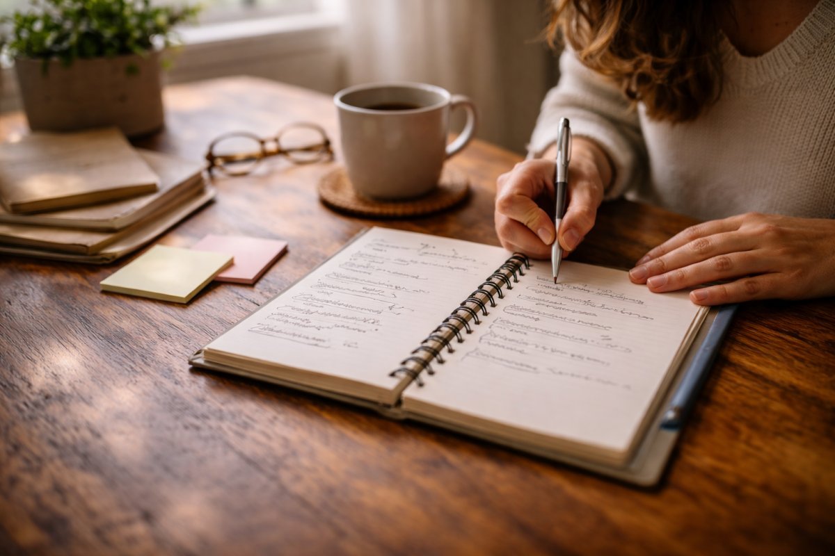 Agenda abierta con tareas escritas a mano junto a una taza de café mientras la luz de la mañana ilumina suavemente el espacio