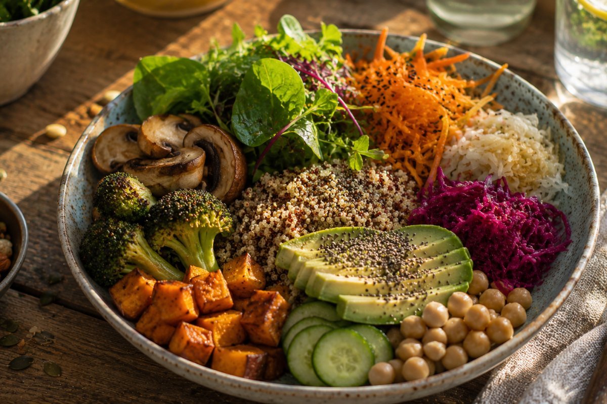 Plato de alimentos variados que promueven un equilibrio saludable